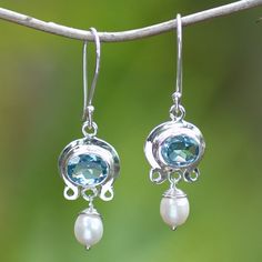 Cultured pearl and blue topaz dangle earrings, 'Sky Fantasy' Silver Earrings Dangle, Silver Pearls, Cultured Pearls, Blue Topaz, Topaz, Premium Quality, Dangle Earrings, Silver, Blue