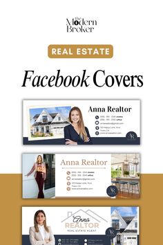 the real estate facebook cover is shown in three different colors and sizes, including blue, white