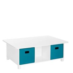 a white table with two blue drawers