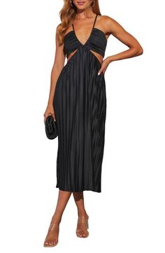 Be a vision of smoldering style in this beautifully pleated dress showcasing side cutouts and a chic bow tie on the back. Ties at back Deep V-neck Adjustable straps 100% polyester Hand wash, line dry Imported Black Cut-out Waist Evening Dress, Black Evening Dress With Cut-out Waist, Chic Dress With Cut-out Waist For Night Out, Elegant Black Pleated Party Dress, Black Elegant Dress With Cut-out Waist, Elegant Black Dress With Cut-out Waist, Summer Evening Midi Dress With Cutout, Summer Evening Dress With Cut-out Waist, Black Midi Dress With Pleated Back For Evening