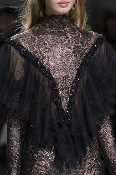 Galia Lahav at Couture Spring 2017 (Details) Victorian Shirt Women, Gothic Runway, Gothic Fashion Runway, Medieval Inspired Fashion Runway, Armor Dress, Victorian Shirt, Dark Victorian, Luxury Black Embroidered Lace Fabric