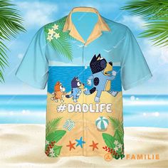 Introducing the Bluey Bluey Dad Life Shirt Hawaiian Shirt, the ultimate fusion of style, comfort, and parenthood pride! This iconic Casual Short Sleeve Tops For Family Vacation, Casual Blue Shirt For Family Occasions, Casual Short Sleeve Shirt For Family Vacation, Casual Blue Tops For Family Vacation, Casual Cotton Tops For Family Vacation, Casual Cotton Shirt For Family Vacation, Casual Relaxed Fit Shirt For Family Events, Family Matching Blue Shirt With Letter Print, Family Matching Blue Shirt