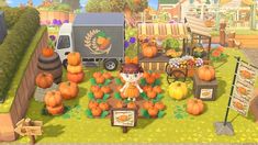 an animal crossing game with lots of pumpkins in the yard and people standing around