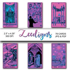 the tarot card deck is shown in purple and blue colors, with an image of people