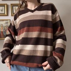 TAVIMART - Vintage Striped V-neck Sweater Winter Warm Knitwear Y2K Women Slouchy Fit Casual Jumpers Grunge Style Pullovers 2024 Retro V-neck Winter Tops, Casual Brown Knit V-neck Sweater, Brown Knitted V-neck Sweater, Striped V-neck Sweater For Winter, Striped V-neck Winter Sweater, Casual Striped V-neck Sweater With Long Sleeves, Casual Striped Long Sleeve V-neck Sweater, Striped Knit V-neck Sweater, Striped V-neck Sweater For Fall