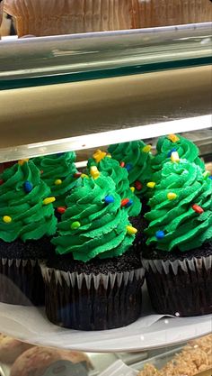 cupcakes with green frosting and sprinkles are on display in a bakery