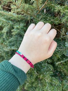 Watermelon themed seed bead bracelet! Casual Beaded Friendship Bracelets For Jewelry Making, Beaded Heishi Beads Wrap Bracelet As Gift, Gift Beaded Heishi Beads Wrap Bracelet, Beaded Heishi Wrap Bracelet As Gift, Pink Beaded Braided Bracelet For Friendship, Casual Pink Beaded Bracelets For Festivals, Pink Round Beads Braided Casual Bracelets, Friendship Beaded Chain Bracelets, Casual Pink Braided Bracelets With Round Beads