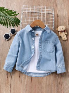 Light Wash  Collar Long Sleeve Denim Plain Tops Embellished Non-Stretch  Baby Girls Clothing Jeans Patch, Girl Patches, Baby Jeans, Blouse Jeans, Plain Tops, Girls Denim, Girls Clothing, Denim Shirt