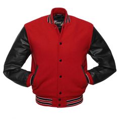 Red Wool Letterman Varsity College Jacket with Black Sleeves Description: Step up your style game with our Red Wool Letterman Varsity College Jacket! Featuring a premium Melton wool body and luxurious black leather sleeves, this jacket blends classic charm with modern elegance. The knitted collar, cuffs, and waist provide a snug fit, while the snap button closure and front zipper ensure practicality. Key Features: Premium wool body & genuine cow leather sleeves Classic knit collar, cuffs, and wa Varsity Jacket Black, College Jacket, Outdoor Jackets, College Jackets, Mens Outdoor Jackets, We Will Rock You, Baseball Varsity Jacket, Body Black, Leather Sleeves