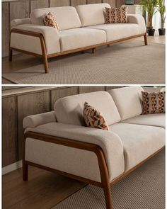 two pictures of a couch with pillows on it and the same one in different positions