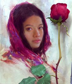 a painting of a woman with a rose in her hand and the background is white