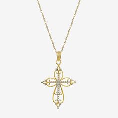 Included: 1 Pendant(s), 1 Necklace Chain(s)Features: Religious Jewelry, Quick ShipJewelry Closure: Lobster ClaspLink Construction: SolidShape: CrossMetal Color: Two ToneChain Length: 18 InchChain Width: .8 MillimetersPendant Length: 29mmPendant Width: 18mmChain Construction: RopeCare: Wipe CleanMetal: 14k Two Tone GoldNecklace Type: Pendant NecklacesPendant & Charms Type: PendantsAssembled in the US from Imported Materials Gold Filigree Cross Pendant Necklace, Yellow Gold Filigree Cross Pendant Necklace, Gold Cross Necklace In Fine Jewelry Style, Gold Cross Necklace Fine Jewelry, Gold Cross Necklace With Filigree, Gold Filigree Cross Necklace, Gold Cross Necklace For Anniversary, Elegant Gold Necklace With Hallmark, Elegant 14k Gold Necklace With Hallmark