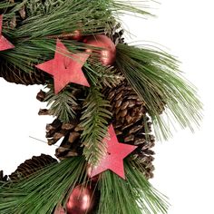 Real Touch™️ artificial pine and pinecone Christmas wreath. Accented with red ornaments and stars. Can be hung or used as a tabletop centerpiece Red Ball Ornaments, Pinecone Christmas, Artificial Eucalyptus Garland, Artificial Christmas Wreaths, Material Wreaths, Christmas Decorations Wreaths, Wreath Hanger, Red Ornaments, Star Christmas