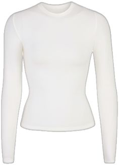 Stretch Long Sleeve T-shirt With Thumbholes, Second-skin Crew Neck Tops With Thumbholes, Casual Second-skin Long Sleeve Tops, Classic White Fitted Long Sleeve Top, Classic Long Sleeve Stretch Top, Classic Stretch Long Sleeve Tops, Fitted White Turtleneck Top, Classic Crew Neck High Stretch Tops, White Long Sleeve Stretch Top With Thumbholes