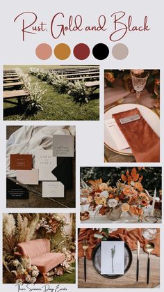 the wedding color scheme is peach, gold and black with an assortment of different colors