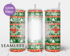 two candles with christmas sweaters and snowflakes on them, one has a purple label that says seamless