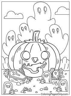 a coloring page for halloween with pumpkins and tombstones in the background, as well as