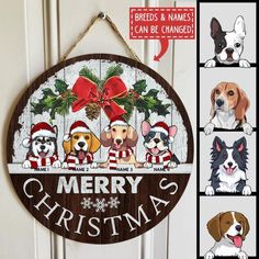 a christmas sign hanging on the side of a door next to pictures of dogs wearing santa hats