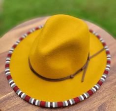 Check out Yellow beaded fedora hat with white and Red beads and free shipping worldwide, the latest item I added on eBay! #eBay #eBaySeller Beaded Hat Brim, Native American Ribbon Work, Ladies Fedora Hat, Womens Fedora Hat, Fedora Women, Hats Cowboy, Fedora Style, Hats Summer, Fedora Hat Men