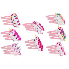 unicorn hair clips in pink and white with rainbows on them, set of 6