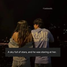 two people standing next to each other in front of a dark background with the words, a sky full of stars, and he was staring at her