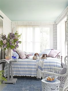 a bedroom with two dogs laying on the bed