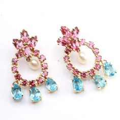 This Exquisite Earrings Is Crafted From 14k Gold And Mounted With Pink Tourmalines In Round And Pear Shapes Cut, Blue Topaz In Beautiful Colors Added With Freshwater Pearl In The Center. It Is Marked 14k And Mei At The Back. It Excellent Condition. Colors Are In Magnificent Contrasting Combination Giving A More Fun And Flirty Look To This Set. Measures 1 1/2" By 7/8" And Weighs 10 Grams. 1c2201-2-14 Pear Shapes, Pearl Chandelier Earrings, Pearl Chandelier, Lovely Ring, Pink Tourmaline, Cute Earrings, Chandelier Earrings, Beautiful Bracelet, Blue Topaz