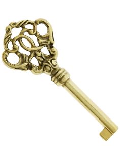 an ornate gold key is shown on a white background