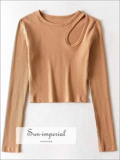 Women Solid Khaki Long Sleeve Ribbed Crop top with Cut out detail Cropped T-shirt Casual Asymmetrical Ribbed Tops, Asymmetrical Ribbed Stretch Top, Trendy Asymmetrical Ribbed Tops, Full Sleeve Tshirt Women, Imperial Fashion, Jersey Pattern, Full Sleeve Tshirt, Ribbed Crop Top, Cropped T Shirt