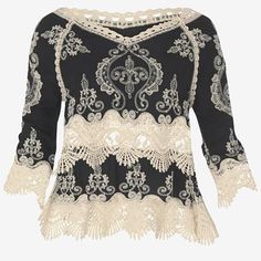 Lovers Of Lace, Rejoice! This Embroidered Detail Top, Cropped Short, Combines The Casual Boho Look With The Ultra Feminine Lace You Love! This Versatile Top Adapts To Whatever You Pair It With: Jeans Keep It Casual; Leather Pants Make It Edgy; Wide Legged Pants Make It Ethereal. Your Mood Dictates The Look! Color: Black & Cream 3/4 Sleeves Raglan Sleeves Lace Trim And Insert 23" Approx Length; Varies By Size Cotton Hand Wash Cold Separately Do Not Bleach Reshape While Damp Lay Flat To Dry Brand Elegant Embroidered Beige Tops, Embroidered Lace V-neck Top, Elegant Long Sleeve Embroidered Lace Top, Chic Embroidered Fitted Top With Lace Trim, Chic Embroidered Top With Lace Trim, Elegant V-neck Top With Intricate Embroidery, Bohemian Embroidered Lace Top With Lace Trim, Fitted Lace Embroidered Top With Lace Trim, Fitted Bohemian Embroidered Lace Top