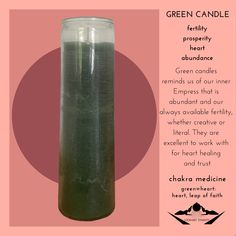 a glass filled with green liquid on top of a pink and white background, surrounded by words describing the benefits of green candle