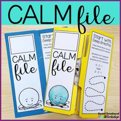 three bookmarks with the words calm file and an image of two books on them