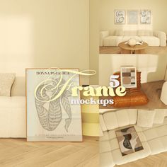 there are some furniture and pictures in this living room set up with the text frame mockups