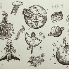 an ink drawing of different things in the sky and on the ground, including planets