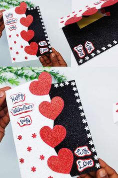 handmade valentine's day card with red and black hearts on it, surrounded by white snowflakes