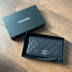 Hi! I’m Selling My Limited Edition, Gently Used, Black Pressed Glitter Quilted Caviar Flap Wallet This Wallet Is Still In Its Original Box And Comes With The Corresponding Authentication Card! Chanel Items Rarely Come In Such Fantastic Condition With All Of The Original Accessories! This Chanel Press Glitter Leather Flap Wallet Is Perfect If You Are Seeking Something Chic And Luxurious To Organize Your Essentials. It Features Quilted Glitter Pressed Leather With A Small Silvertone Cc Logo. This Designer Formal Wallets With Rectangular Case, Designer Rectangular Wallets For Formal Occasions, Luxury Compact Wallets As Gifts, Luxury Compact Wallet As Gift, Luxury Clutch Wallets For Gift, Luxury Rectangular Wallets For Party, Elegant Party Wallets With Card Slots, High-end Formal Rectangular Wallet, Luxury Wallet With Card Slots In Rectangular Case