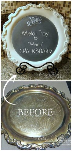 the before and after pictures of metal trays that have been painted to look like chalkboard