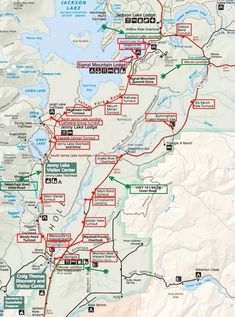 a map showing the location of many different trails in the mountains and lakes, with red arrows pointing to them