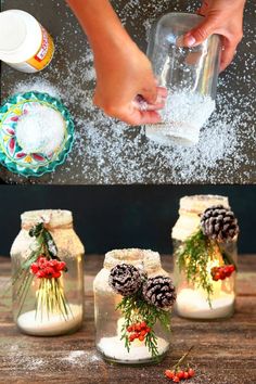 three jars with pine cones and snow in them, one is filled with salt and the other has sprinkles