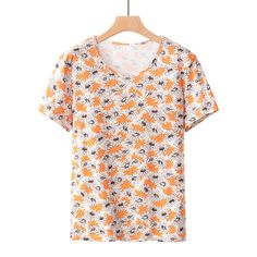 Womens 100% Cotton Floral T-Shirts Light Weight Soft Full Flower Tee Cotton Short Sleeve T-shirt With Sunflower Print, Summer Casual T-shirt With Sunflower Print, Casual Summer Tops With Plant Print, Orange Floral Print Shirt For Spring, Summer Cotton Floral Print T-shirt, Casual Floral Print Crew Neck T-shirt, Orange Printed Short Sleeve Tops, Summer Short Sleeve T-shirt With Floral Print, Summer Floral Print Short Sleeve T-shirt