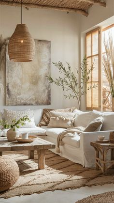 Mallorca Living Room, Scandi Rustic, Textured Cushions, Bungalow Interior Design, Woven Pendant Light, Practical Home Decor, White Sectional Sofa, Bungalow Interior, Mediterranean Interior Design