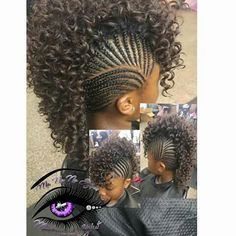 Cute! Braids With Mohawk Hairstyles, Mohawk Braids For Black Girls For Kids, Braided Mohawk With Curls, Braids In A Mohawk Style, Kids Braided Mohawk, Mohawk Braid Styles, Black Women Updo Hairstyles, Mohawk Hairstyles For Women, Curly Hair Pieces