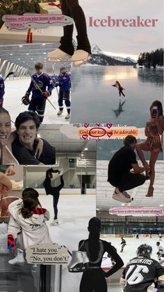 the collage shows people playing ice hockey