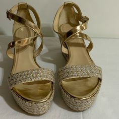 Size 40.5 Very Good Condition Scuff On Fback Of Gold Heels Elegant Gold Sandals With Woven Sole, Party Wedge Sandals With Woven Sole, Party Sandals With Woven Wedge Heel, Formal Closed Toe Heels With Woven Sole, Elegant Sandals With Woven Sole And Round Toe, Elegant Flat Heels With Woven Sole, Elegant Wedge Sandals With Woven Sole And Ankle Strap, Gold Open Toe Heels With Woven Sole, Jimmy Choo Platform