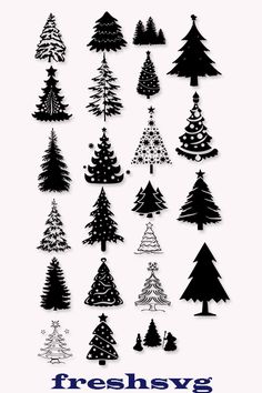 the silhouettes of christmas trees are shown in different sizes and shapes, with words below them