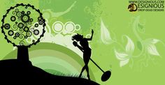 a woman holding a golf club in front of a tree with circles on it and an abstract background