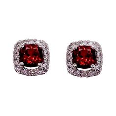 Genuine Natural Red Garnets with Diamonds around! An amazing stud style earring! The details for these gorgeous earrings are listed below: Metal Quality: Sterling Silver Earring Type: Stud Diamond Number: 15 Diamond Total Weight: .10 carats Diamond Clarity: VS2 (excellent, eye clean) Diamond Color: G (excellent, near colorless) Diamond Shape: Round Brilliant Gemstone: Garnet Gemstone Measurements: 4.1 mm X 4.1 mm Gemstone Color: Red Gemstone Shape: Square Measurements: 6.5mm X 6.5mm 2.00 Carats Classic Red Diamond Earrings, Red Brilliant Cut Diamond Earrings, Luxury Red Diamond Earrings, Classic Red Diamond Earrings With Accents, Red Brilliant Cut Diamond Earrings Fine Jewelry, Number 15, White Gold Earrings Studs, White Gold Studs, Stud Style