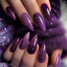 Coffin Purple Nails Designs, Short Oval Nails Acrylic Purple, Purple Glass Nails, Salem Nails, Purple Holiday Nails, Glitter Encapsulated Nails, Plum Nails With Design, Girly Nail Designs, Almond Nails Purple