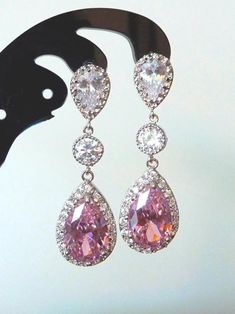 Wedding Bridal Earrings LARGE Halo Pink Peardrop Cubic | Etsy Pink Teardrop Crystal Earrings, Pink Teardrop Earrings For Anniversary, Bridal Wedding Earrings, Earrings Large, Large Earrings, Bridal Necklace, Bridal Earrings, Post Earrings, Wedding Bridal