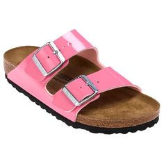 Birkenstock Arizona Patent Comfort Slide Sandal  Sleek, boldly-colored patent brings the shine while the Birkenstock's classic contoured footbed provides the comfort. Fashion Shoes Sandals, Colorful Candy, Birkenstock Arizona, Clean Laundry, Pink Candy, Travel Luggage, Slide Sandals, Birkenstock, Shoes Sandals